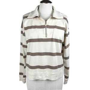 Haven Well Within Women's Pullover M Cream Brown Striped‎ Quarter Zip Casual Top